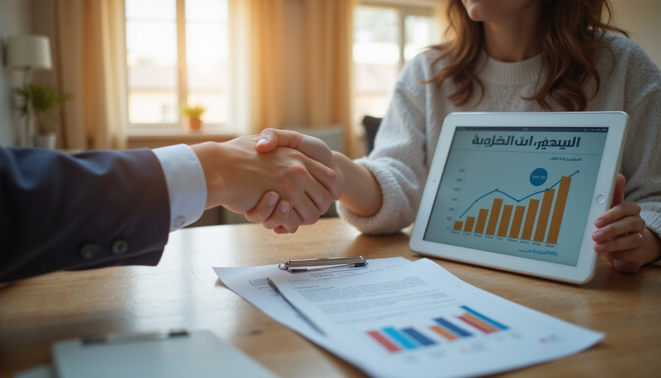  Handshake over rental contract, Arabic signage, warm interior apartment, tablet showing rising property market graphs