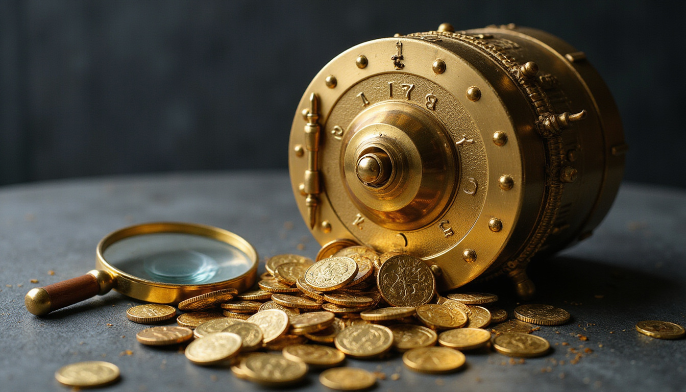Golden vault of growth secrets spilling coins, graphs, magnifying glass, sleek modern startup aesthetic