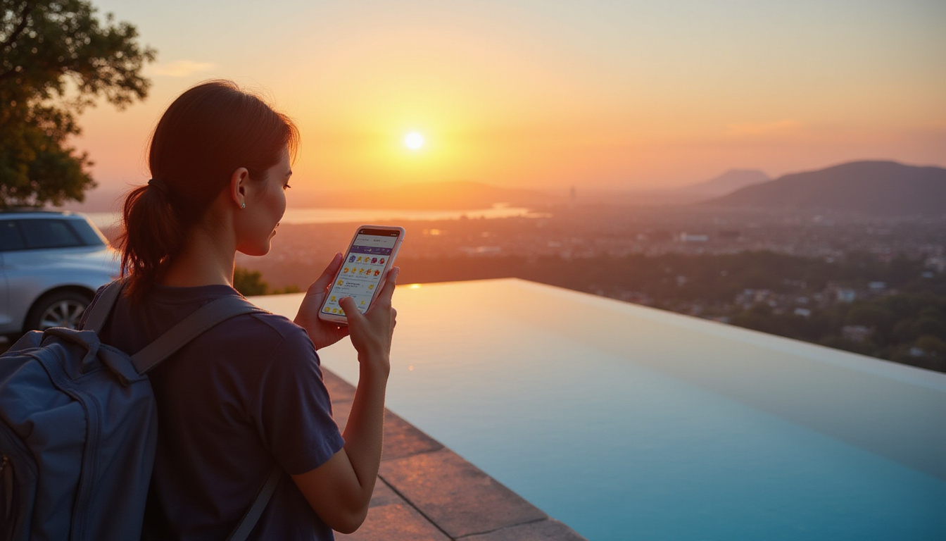 Traveler comparing star ratings on smartphone beside rooftop infinity pool at sunset, valet car