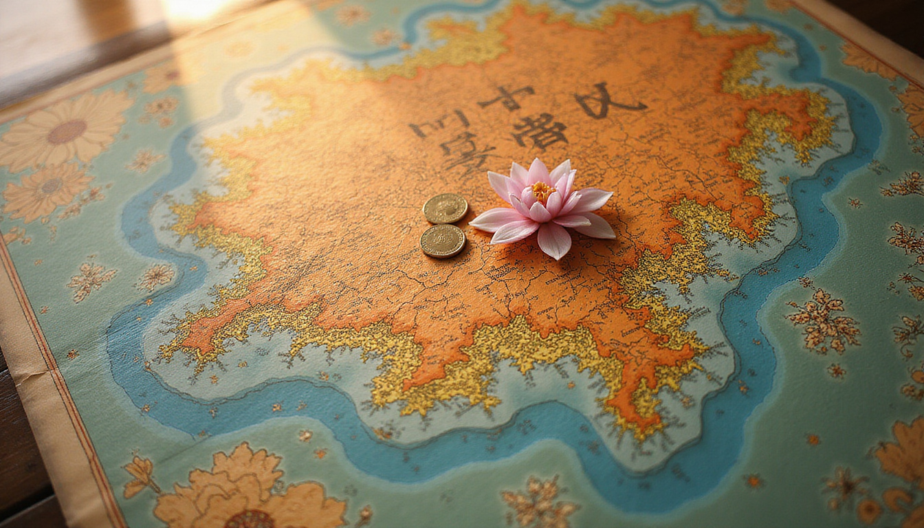  Mystical bagua map over home blueprint, flowing qi rivers, lotus, coins, soft morning light