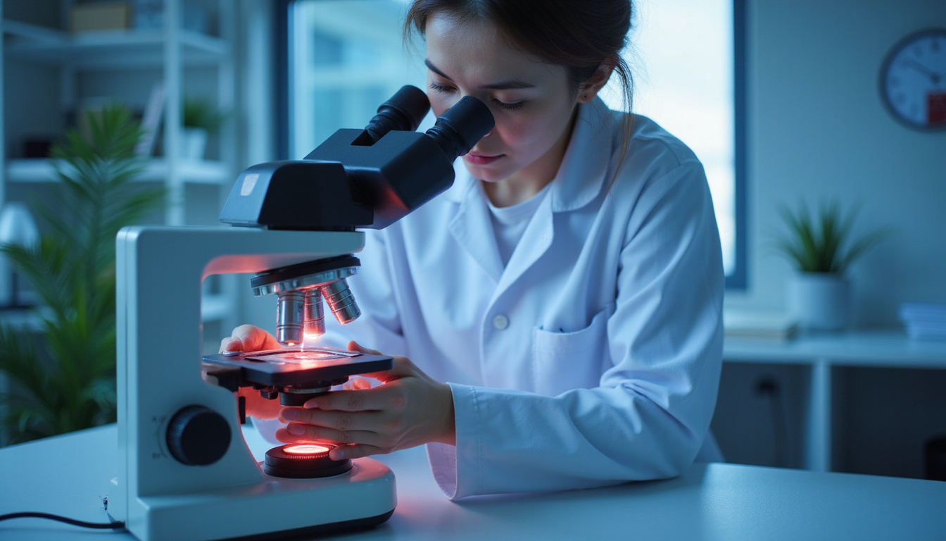  Close-up of lab technician analyzing synovial fluid under microscope, red flags highlighted, diagnostic flowchart