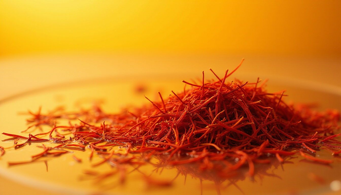  Macro view of saffron threads dissolving in hot water, luminous amber infusion, delicate texture