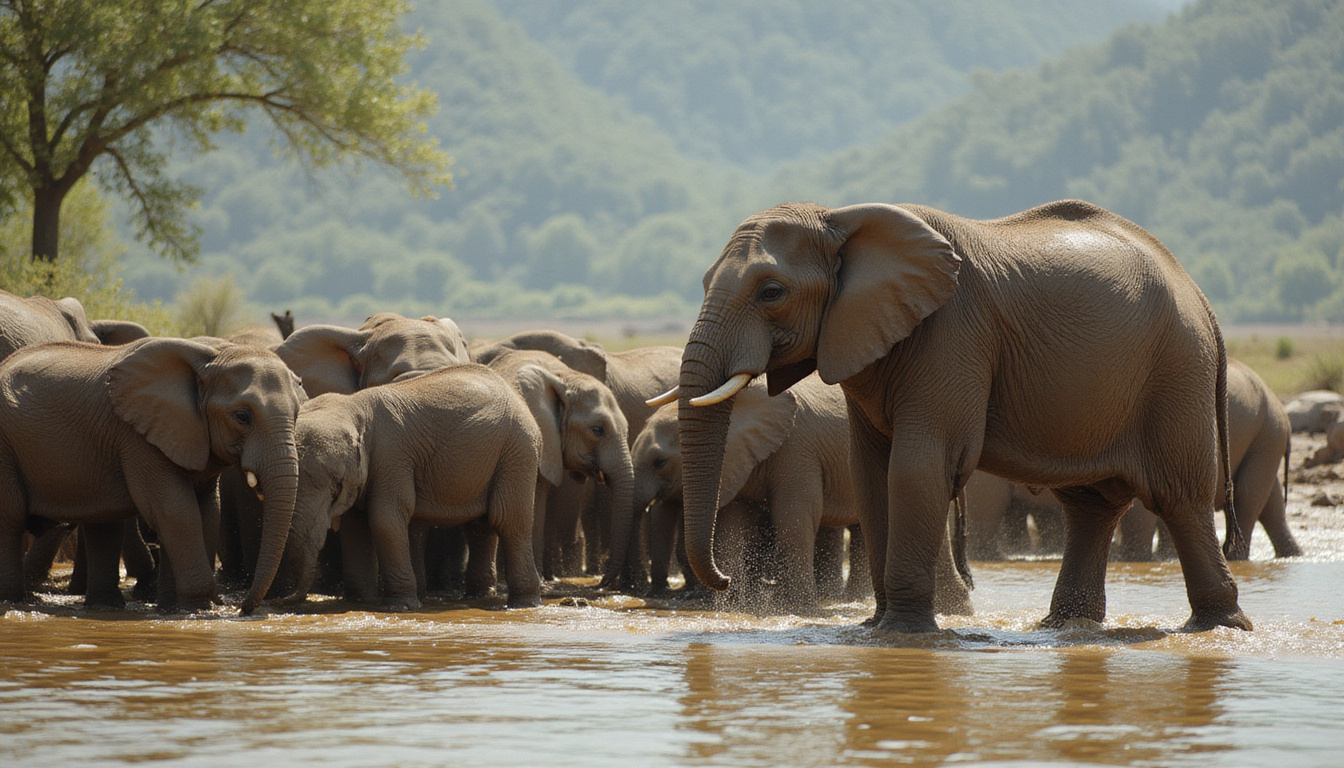 Elephant matriarch leading riverbank ritual, mud-painted herd, tender social bonds, cinematic light