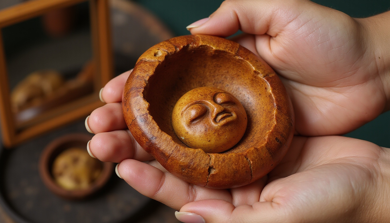  Close-up carved wooden kangha in hand, amber patina, reflection in mirror