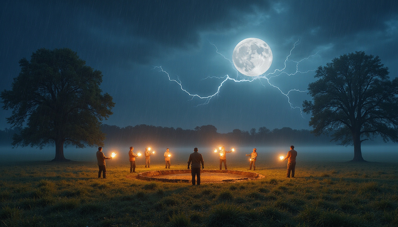  Moonlit stone circle, farmers dancing with torches, lightning answering, fields glowing with rain