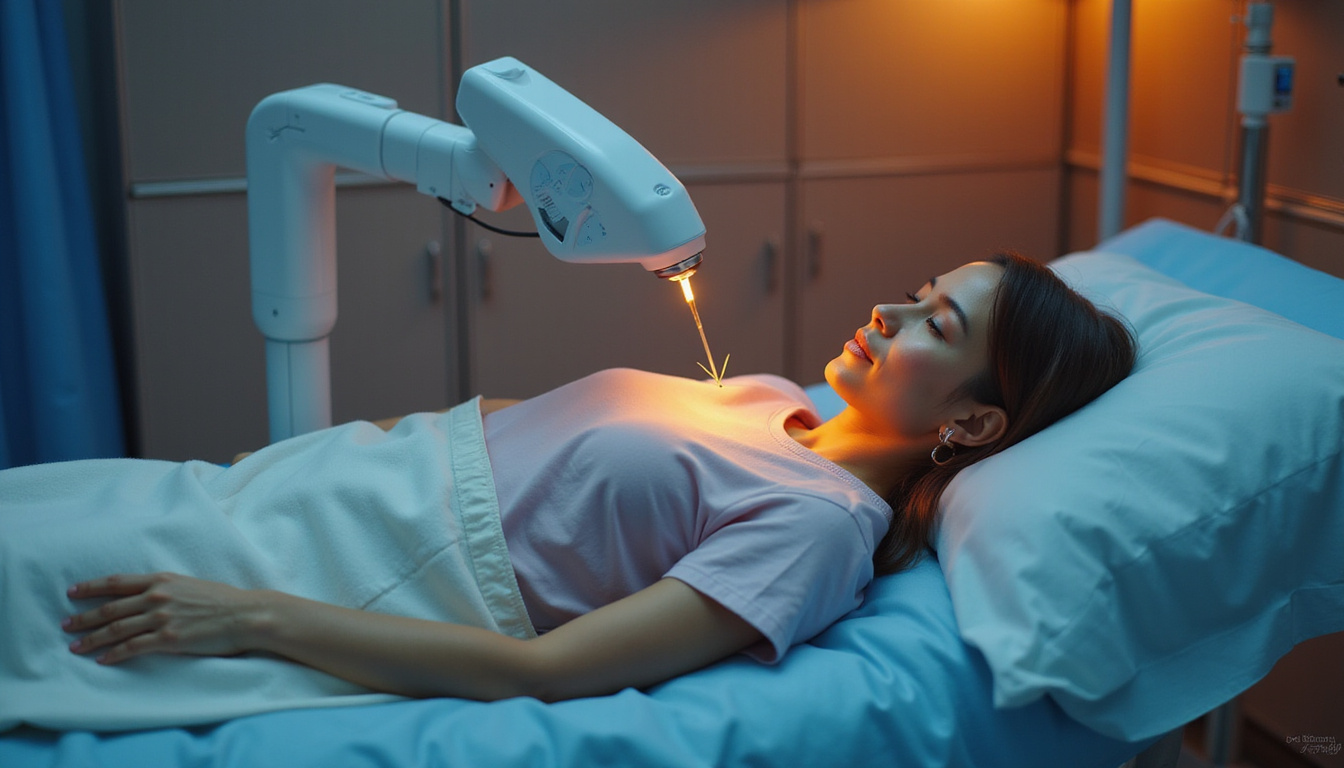 Serene patient reclining as robotic micro-needle delivers pain-relief therapy, warm lighting, cinematic medical realism