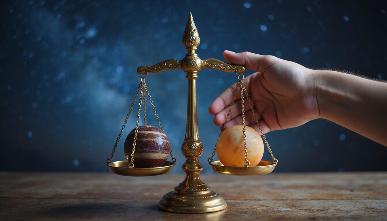  Astrologer’s hand adjusts golden scales balancing dignified and debilitated planets under starry sky