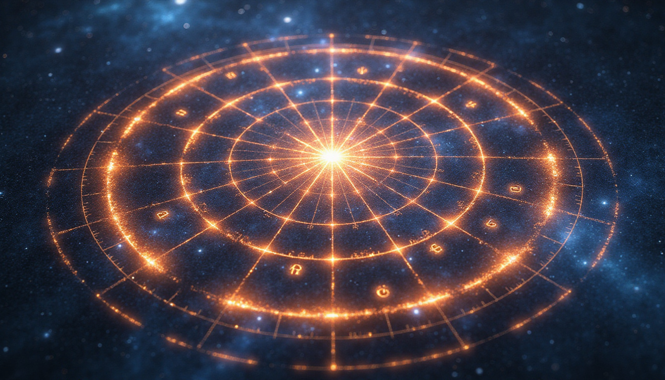  Mystical astrologer chart glowing, concentric timing rings revealing hidden milestones with soft nebula light