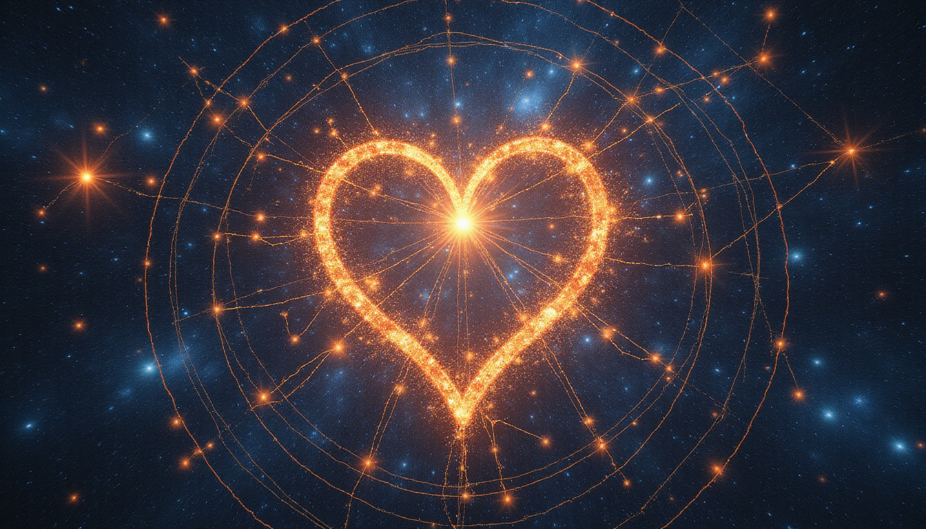  Ancient astrological chart overlay, intertwined constellations forming heart, warm celestial light