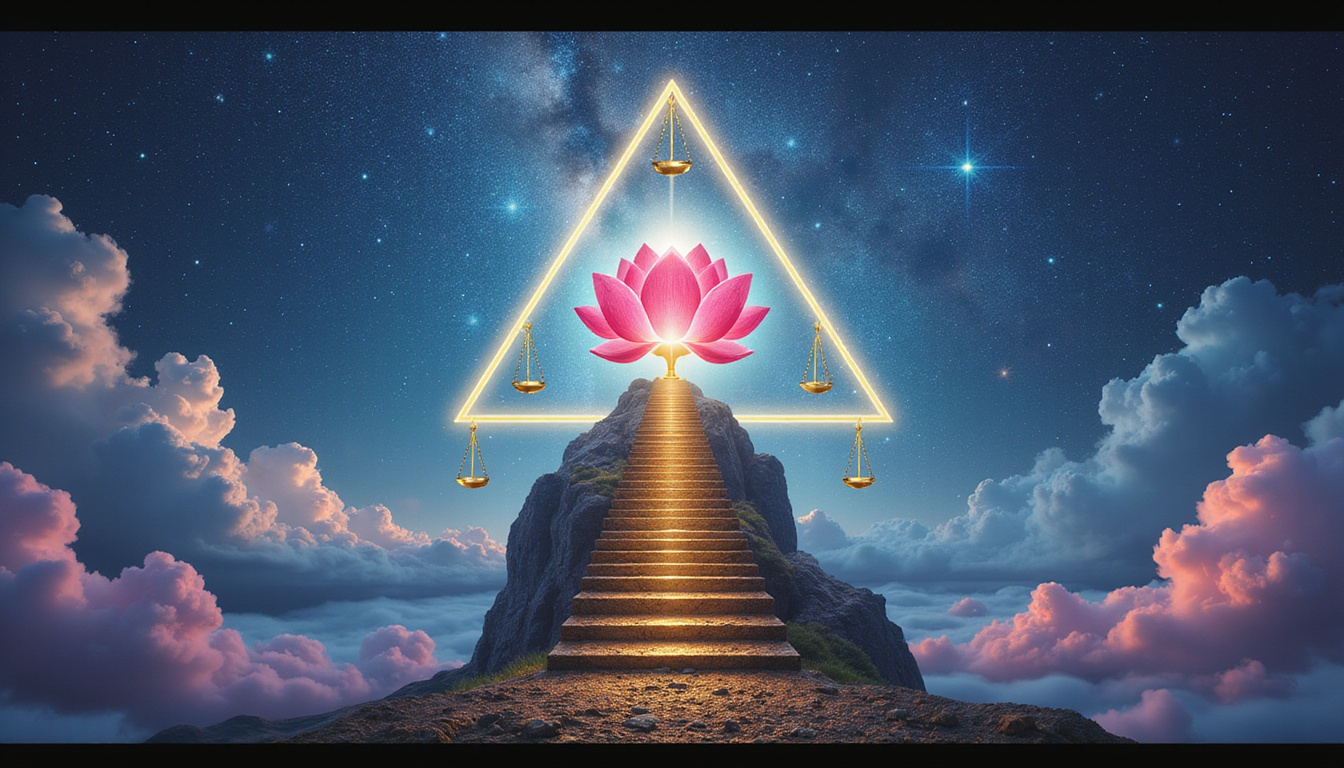  Serene cosmic triangle balancing heart, mind, and ambition with lotus, scales, and rising golden staircase