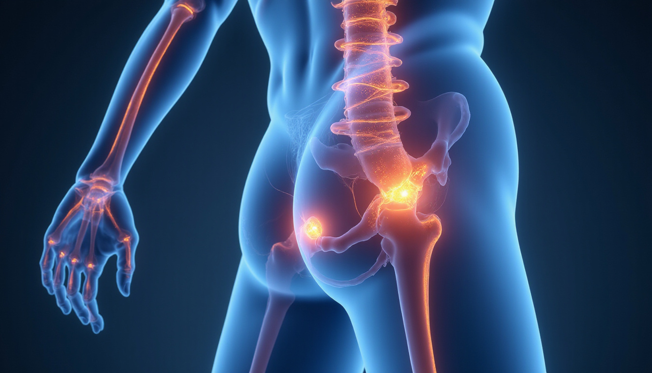  Close-up anatomical overlay of joints and nerves, heatmap fading, restored mobility, calm blue tones