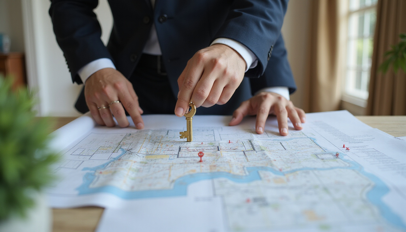  Concierge handing golden key over architectural blueprint, map pins, elegant modern Mediterranean mansion