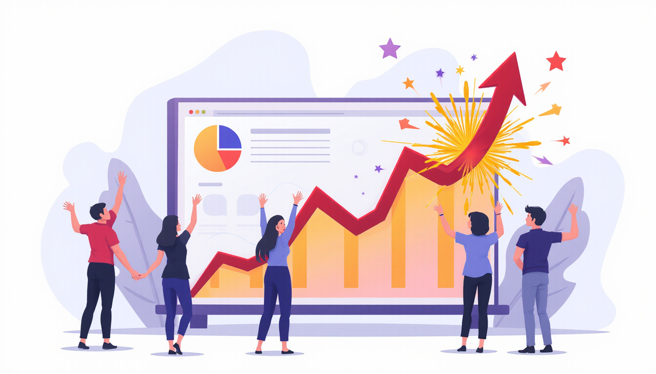 Exploding conversion graph, vibrant arrows pointing upward, sales team celebrating near dashboard