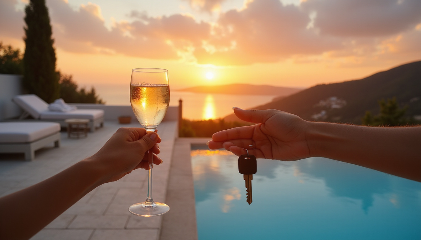  Elegant Mediterranean villa terrace at sunset, champagne, key handoff, stress-free travel planner