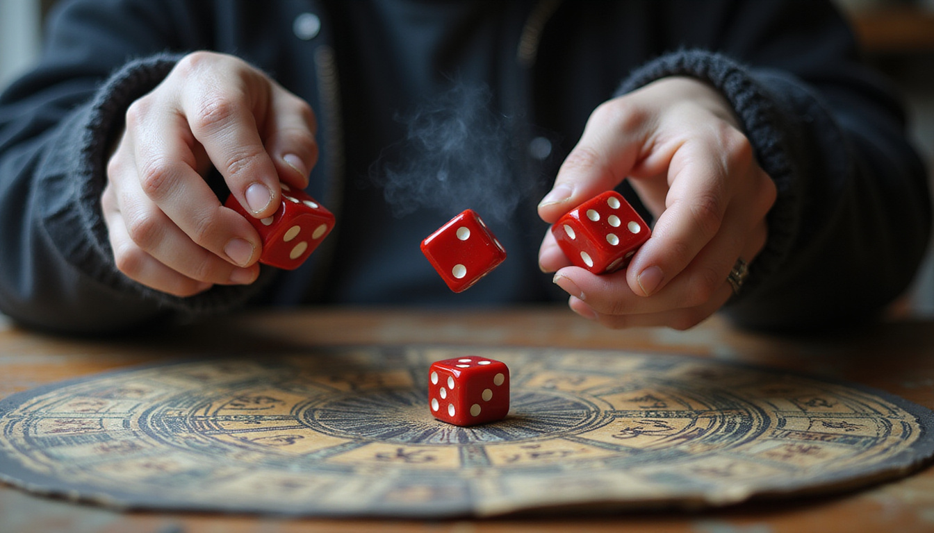  Hands tossing red ivory dice over tarot circle engraved with runes smoke and starlight