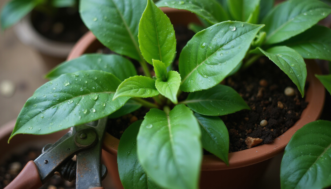  Close-up glossy Ti plant foliage showing water droplets, pruning shears, rich potting mix