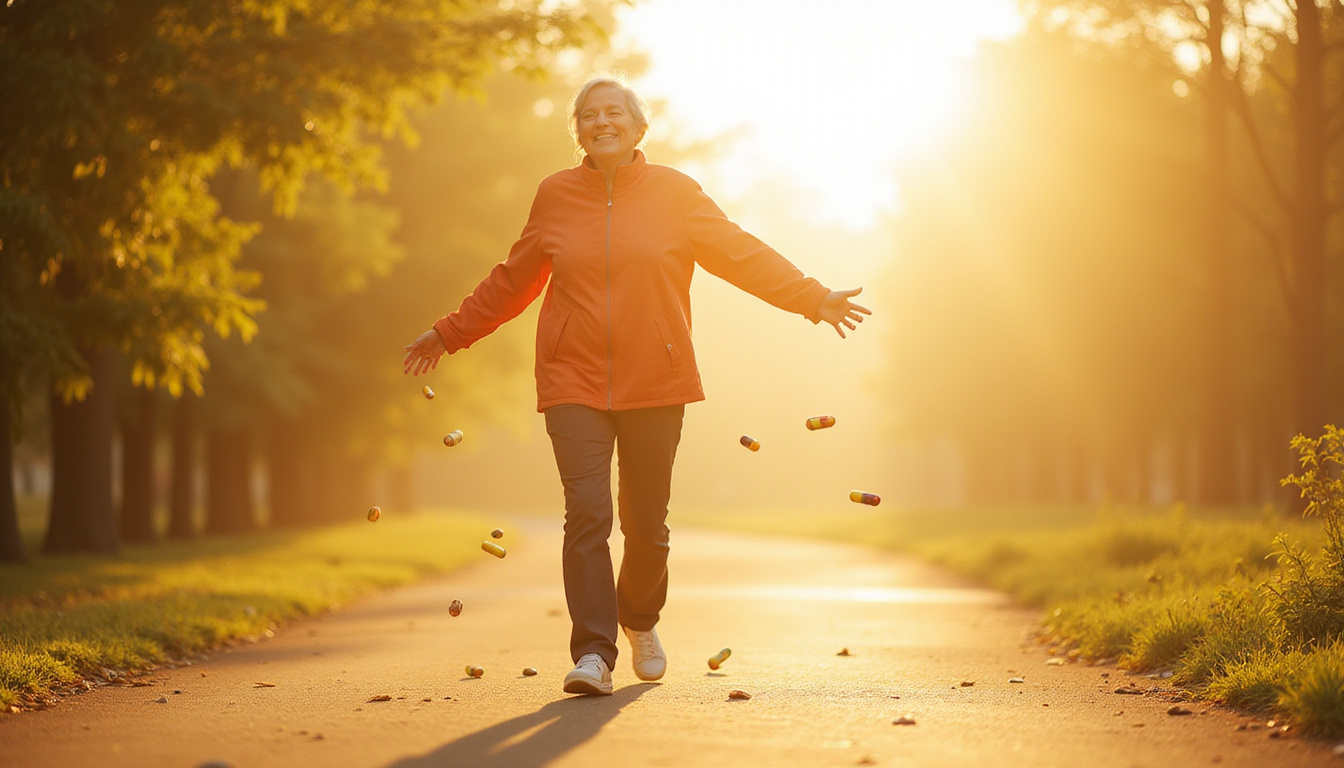  Joyful elderly woman walking freely as luminous oil lubricates knees, floating herbs, capsules, warm sunlight