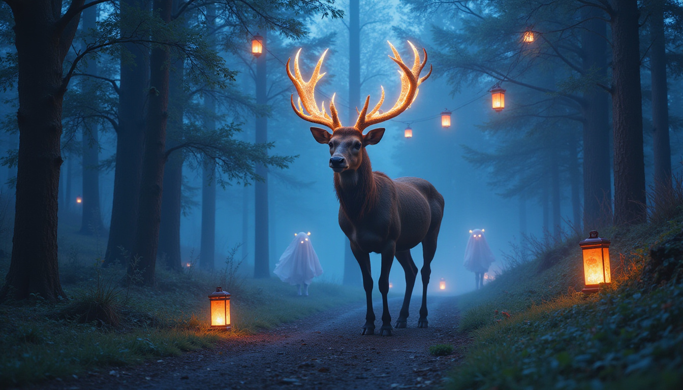  Stag with luminous antlers leading ghostly travelers through twilight forest, floating lanterns