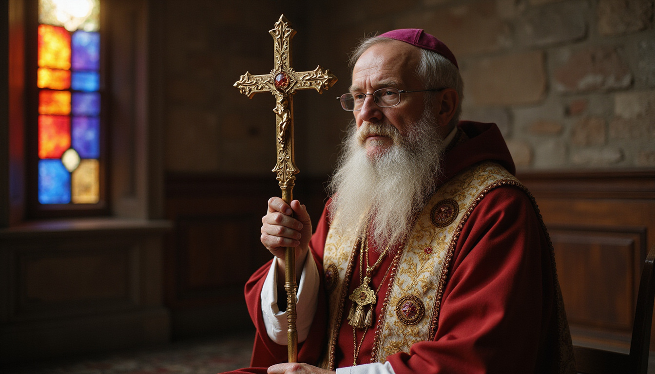  Elderly bishop in solemn robes clutching pectoral cross, mysterious glow, stained-glass light