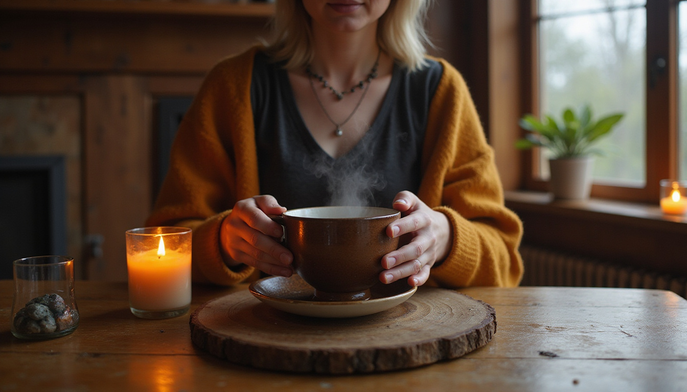 Woman performing daily rune ritual at wooden table, steaming cup, amber candlelight