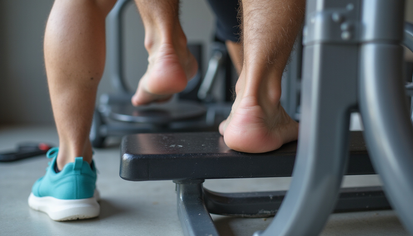 Close-up of feet and machine showing wrong ankle hooks and excessive momentum, trainer adjusting form