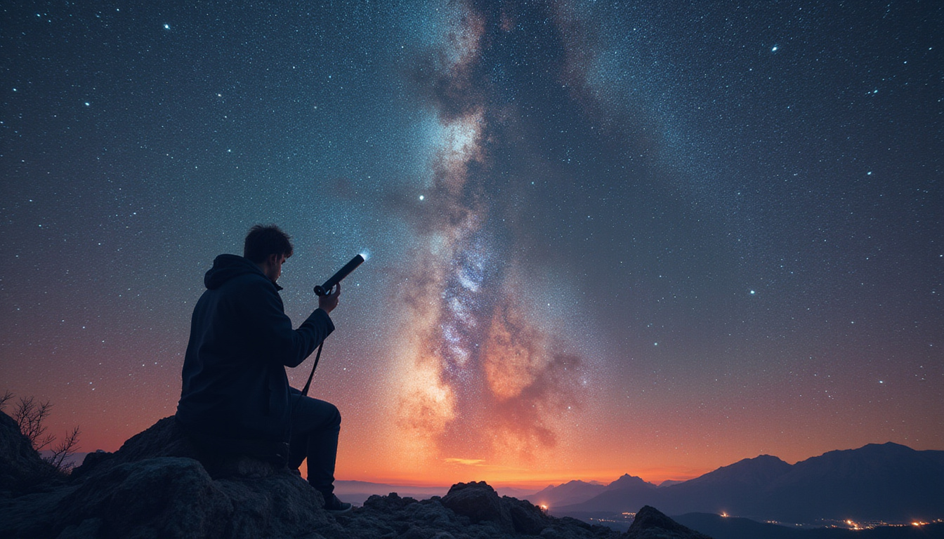  Mystical astronomer silhouette studying luminous fixed stars, tarot glyphs, cosmic haze, ethereal light