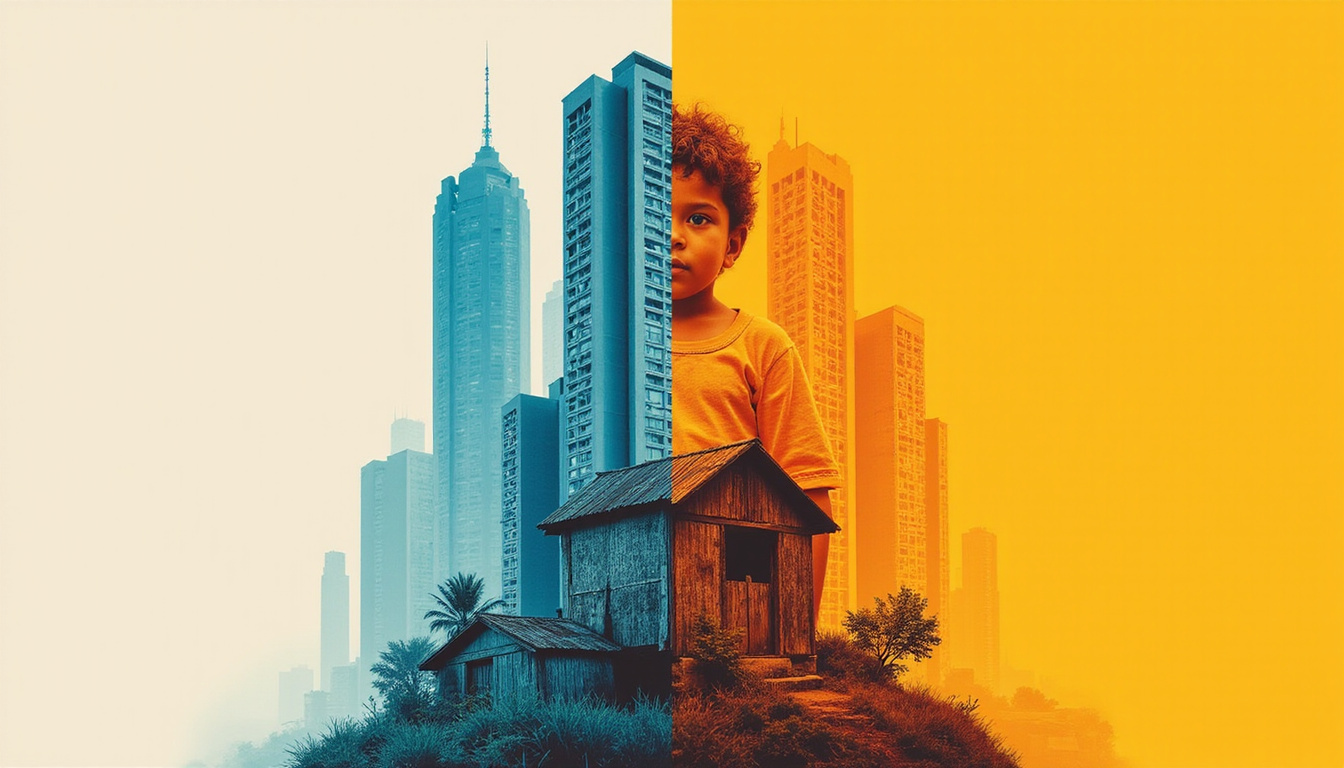  Split portrait: child shadowed by skyscrapers, other side by village huts, symbols of opportunity