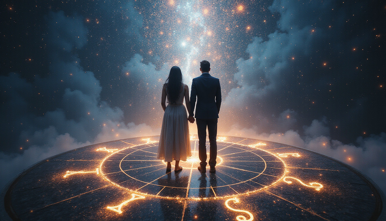  Couple standing on zodiac wheel, astrological houses radiating colored threads, mystical, cinematic lighting