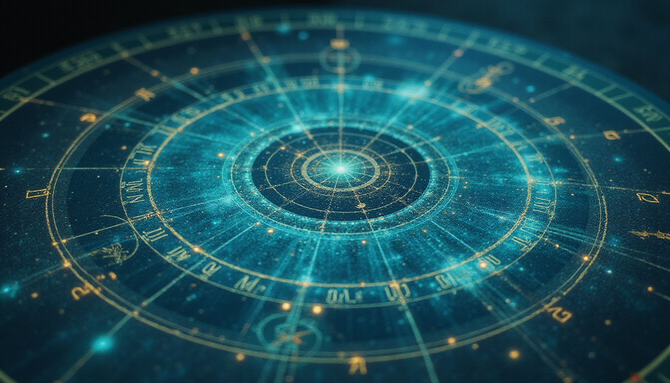  Ancient star chart morphing into daily planner, zodiac symbols glowing, soft cosmic teal