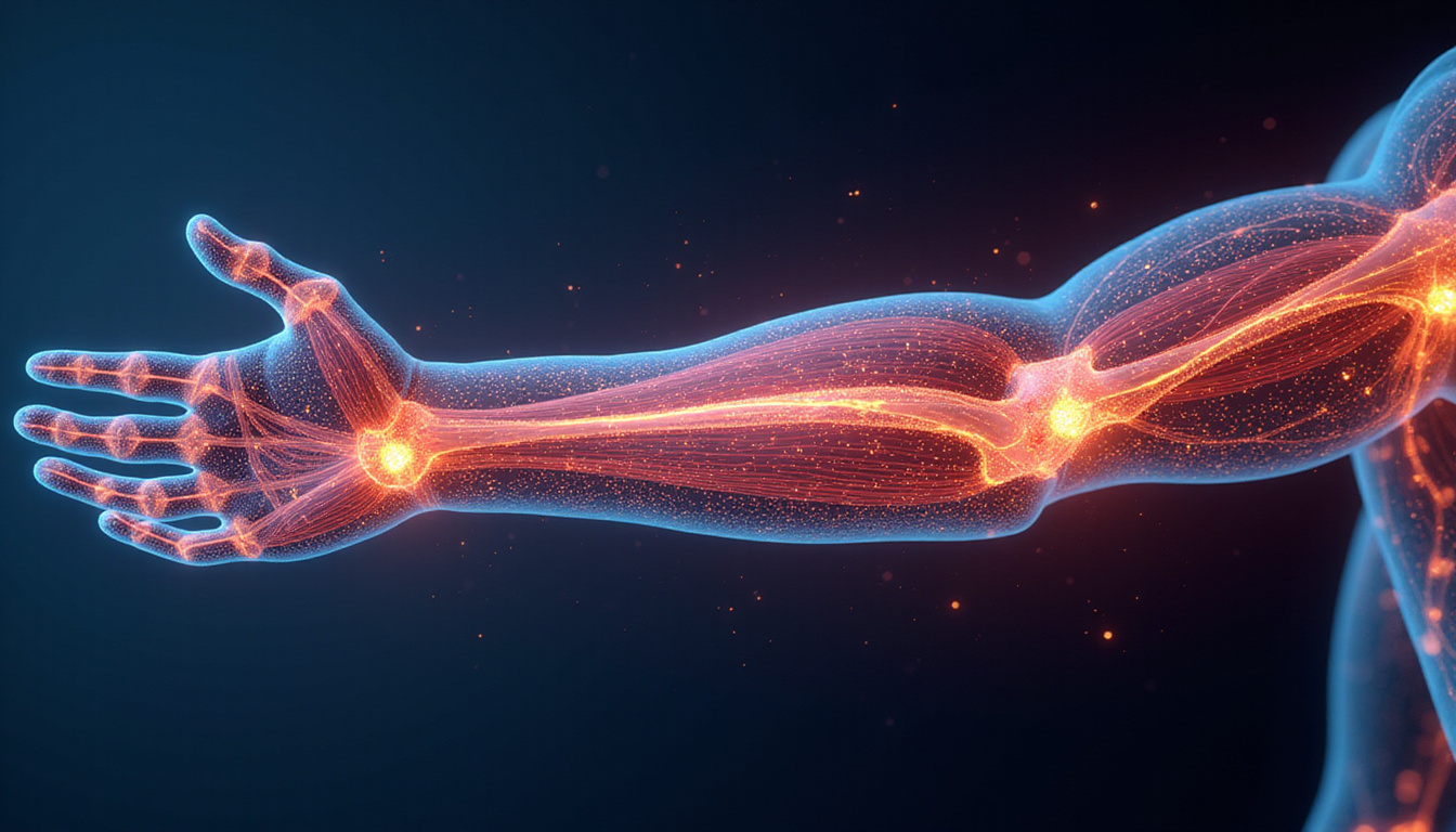  Futuristic cross-section of arm, neural signals lighting coactivated muscle fibers, clinical infographic style
