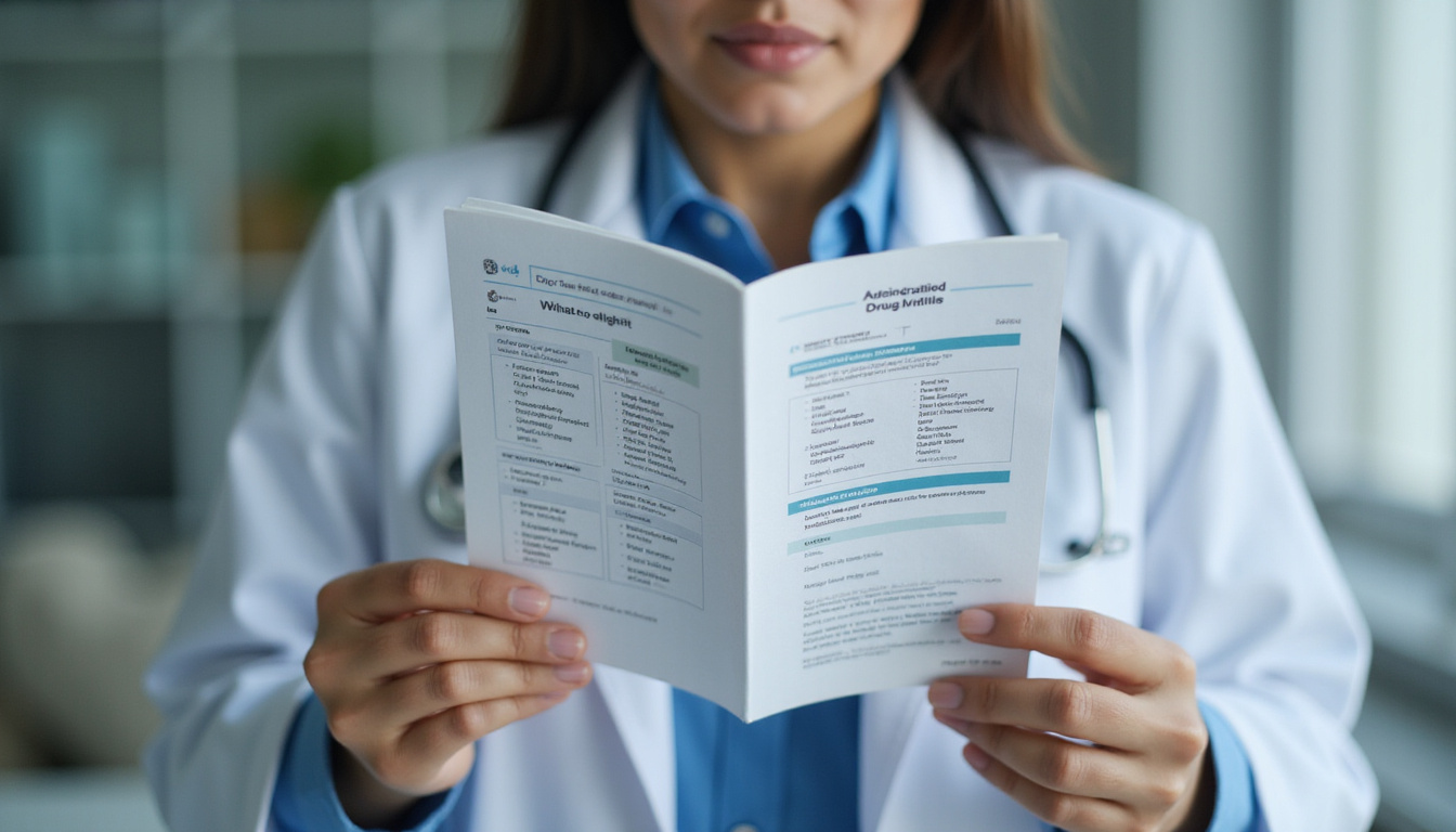  Concerned adult reading simplified drug leaflets, highlighted side effects, gentle lighting, clinical background