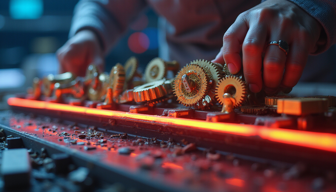 Marketing engineer adjusting golden gears labeled clicks, impressions, conversions over a neon timeline