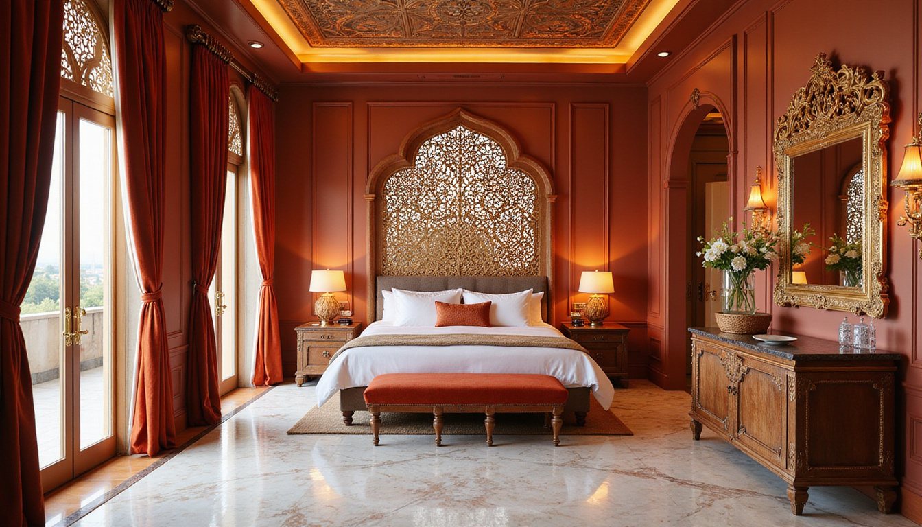 Luxurious private suite with marble floors, ornate mashrabiya screens, golden lamps, velvet drapes
