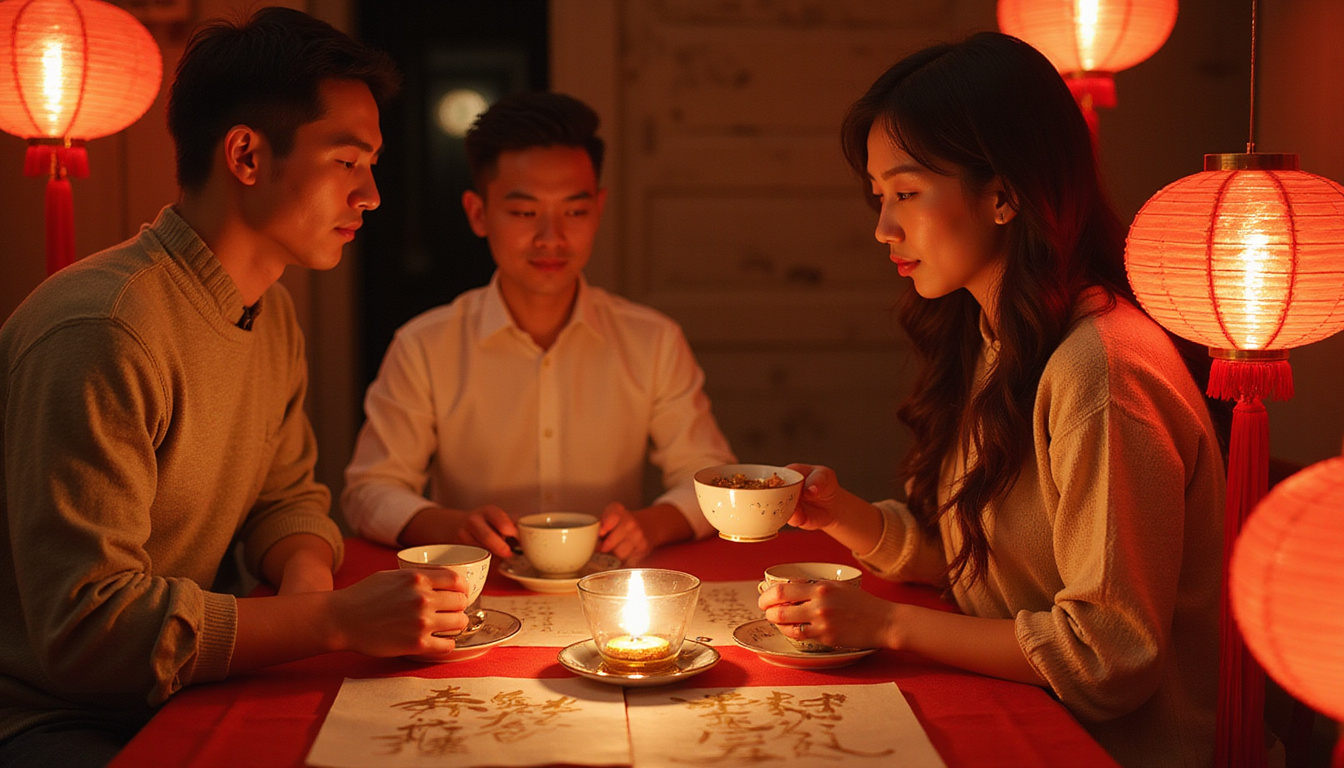 Evening tea ritual between partners, golden calligraphy, lanterns, warm candlelight, vows written on silk