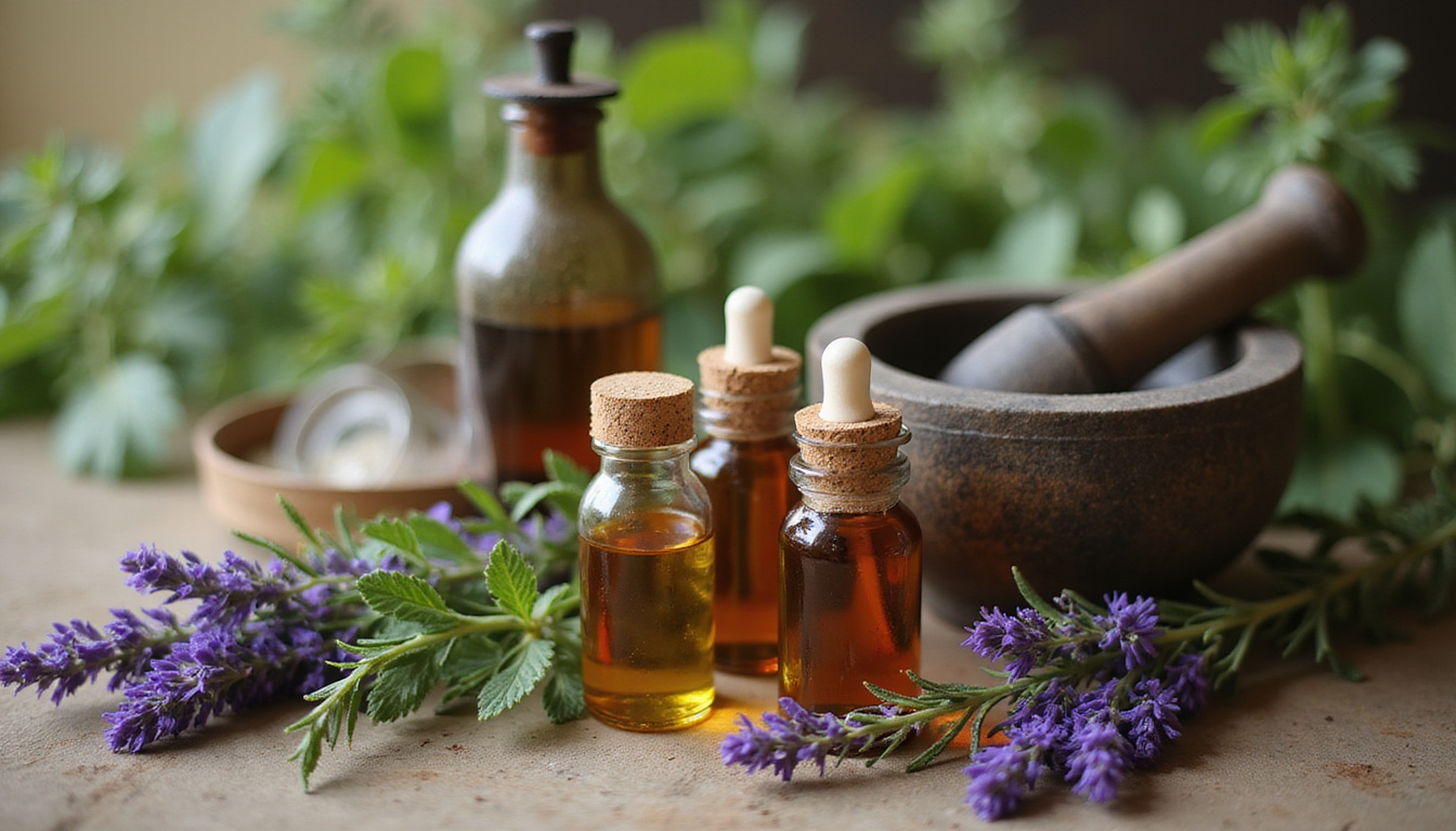  Vintage apothecary scene: hyssop tinctures, essential oil bottles, mortar and pestle, soft bokeh