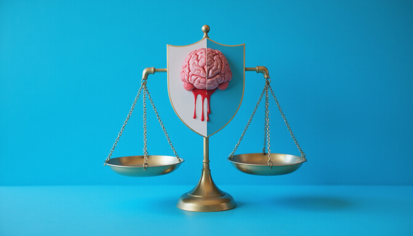  Conceptual split image: balanced scales with bleeding icon and brain protecting shield, blue tones