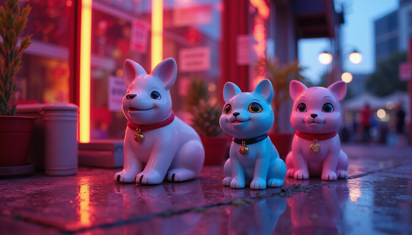 Modern street shrine with talismanic animal figurines, neon glow, protective aura, urban superstition