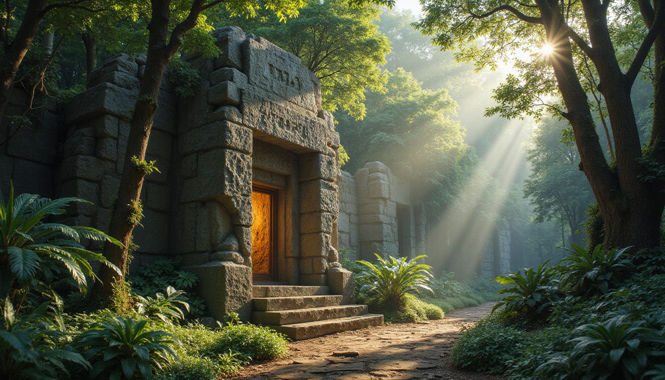  Ancient stone monument half-buried in jungle, carved reliefs glowing, shafts of golden light