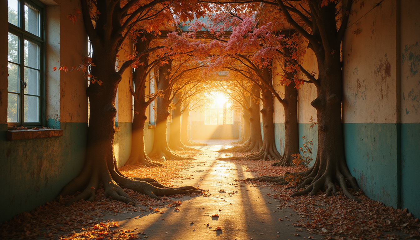 Abandoned hallway transforming into towering roots and luminous blossoms, golden hour, cinematic, hopeful