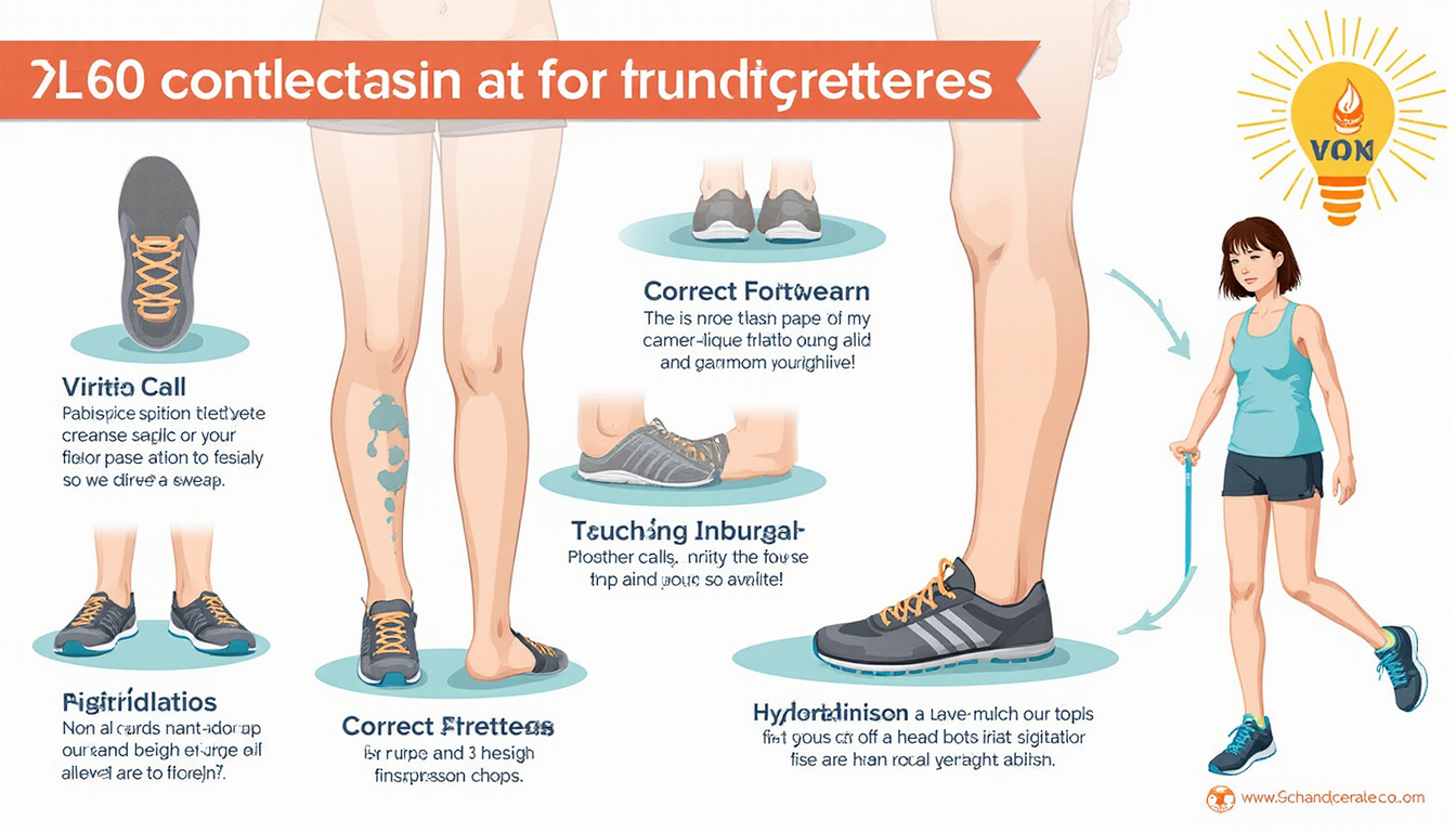 Infographic showing calf stretches, correct footwear, hydration tips, injury prevention, clean minimal design