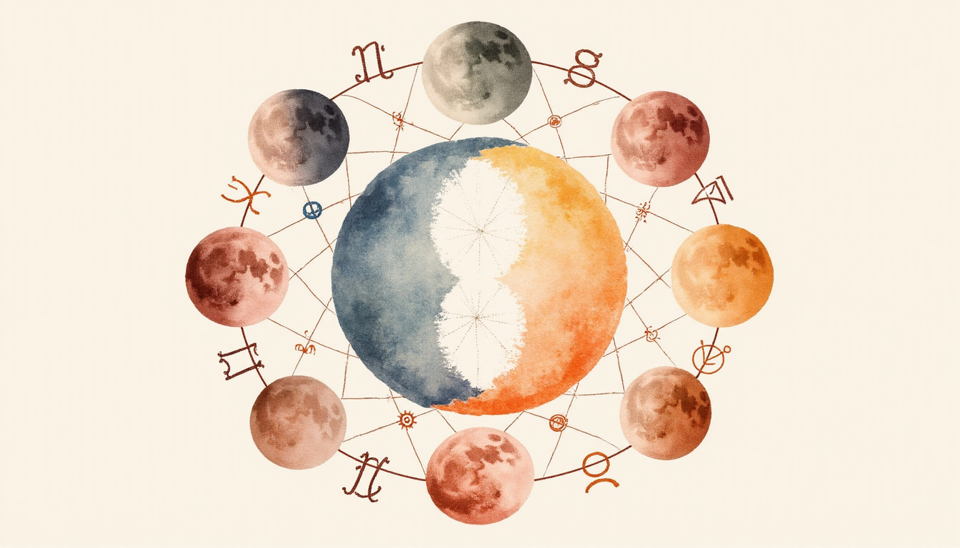 Watercolor moon phases forming an embrace around intertwined astrological glyphs, warm pastel palette