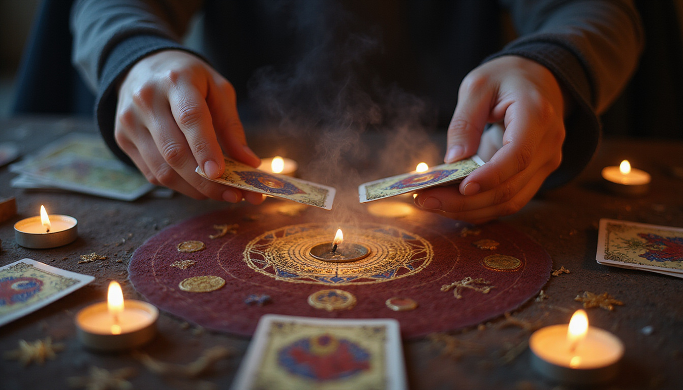 Fortune-teller hands hovering, illuminated card positions, smoky candles, arcane sigils revealing hidden insights