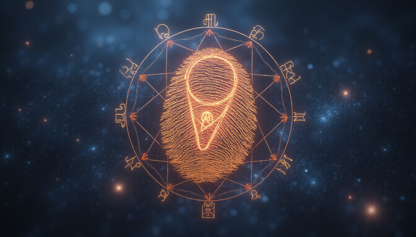 Mystical cosmic fingerprint: zodiac glyphs aligned in luminous Yod, occult sigils, chiaroscuro lighting