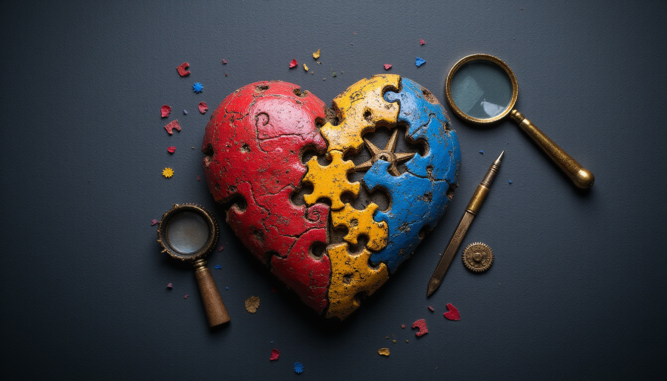 Broken puzzle heart transforming into interlocking gears, compass and magnifying glass, dramatic chiaroscuro