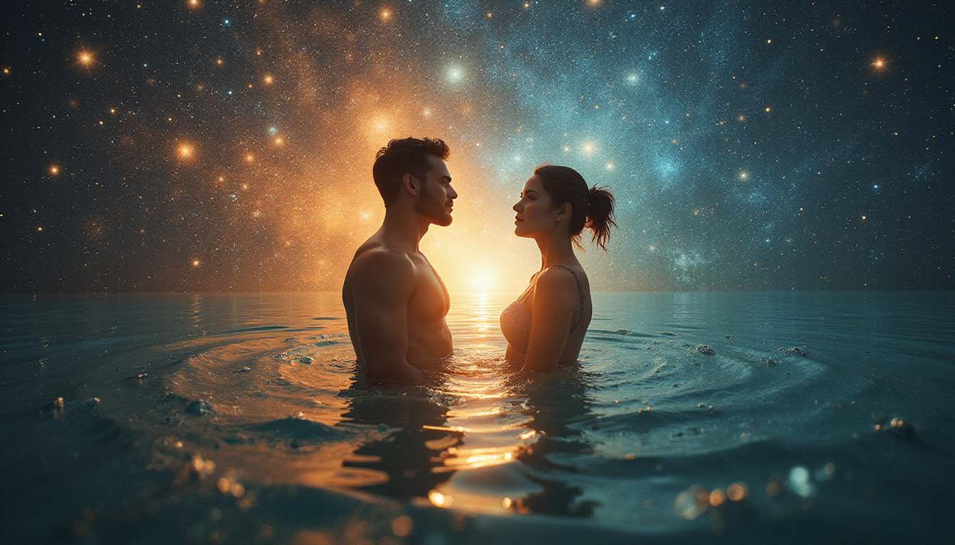 Radiant couple bathed in zodiac constellations, herbal remedies, swift transformation energy