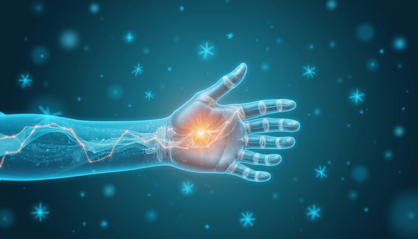  Medical infographic style hand anatomy overlay, arrows showing motion, soothing blue-green palette