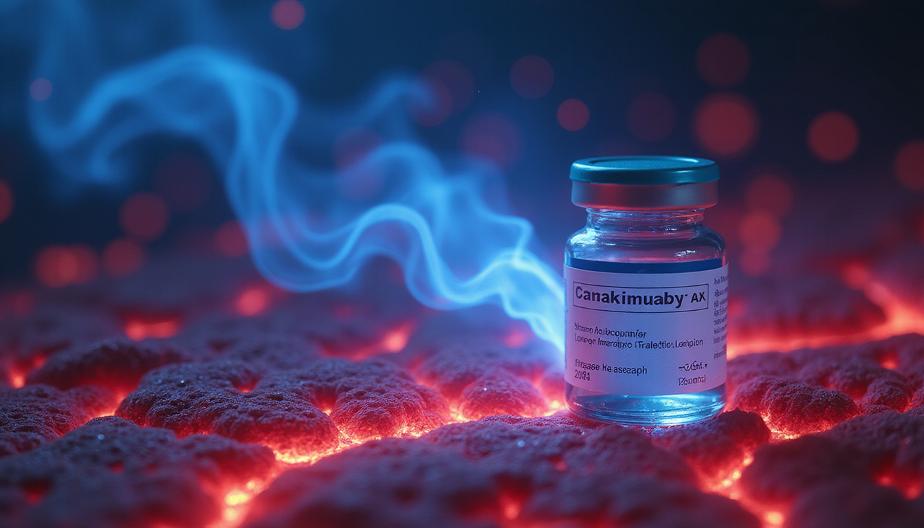  Laboratory vial labeled Canakinumab emitting blue light calming red inflamed tissue, futuristic medical infographic