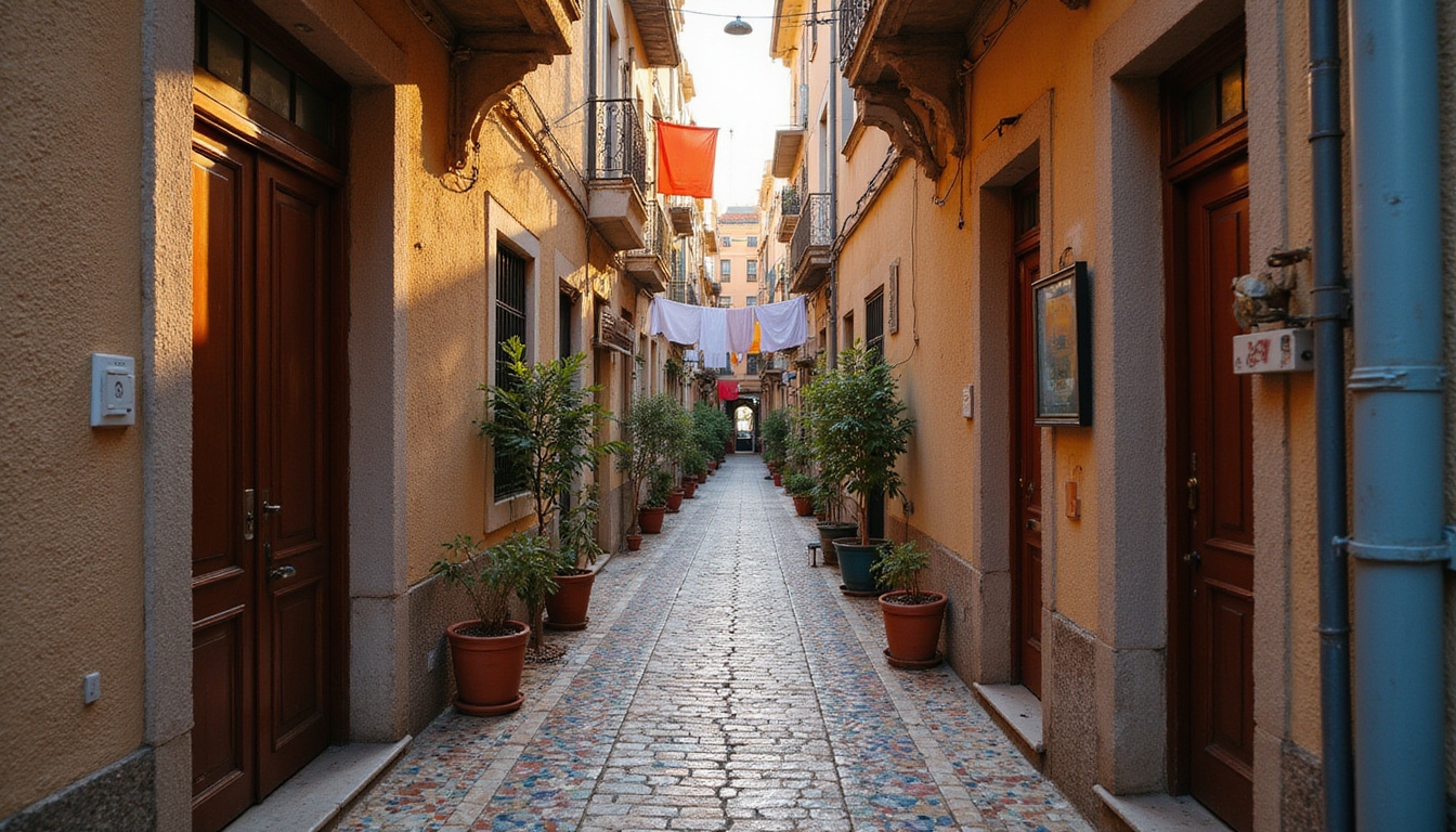  Ancient alleyway apartment doorway, mosaic tiles, hanging laundry, real estate sign, sunset glow