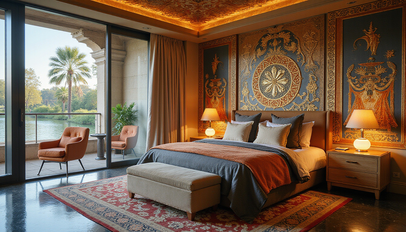  Opulent suite blending Pharaonic motifs and modern glass, river reflections, plush fabrics