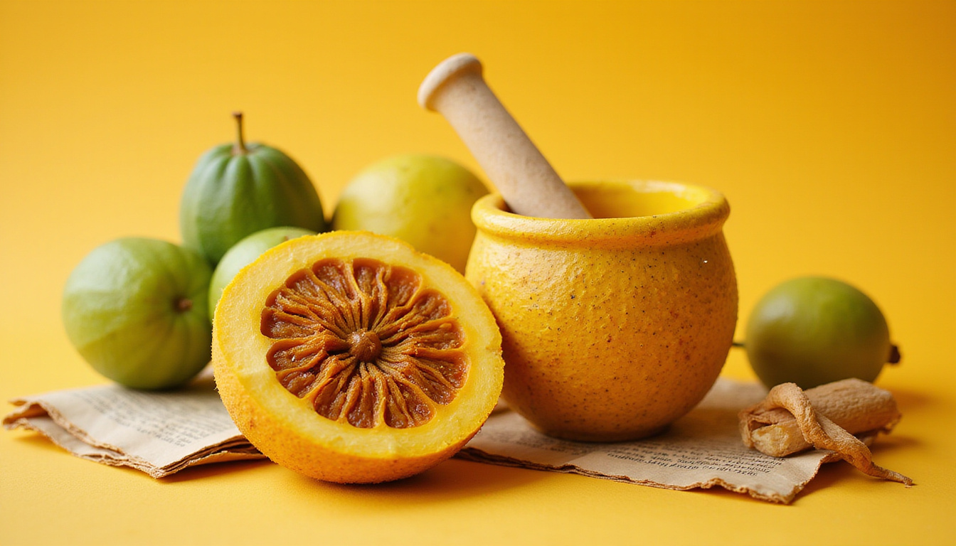 Cross-section bael fruit showing fibrous pulp, mortar and pestle, Ayurvedic scrolls